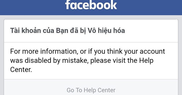 Facebook thông báo tài khoản của bạn đã bị vô hiệu hoá